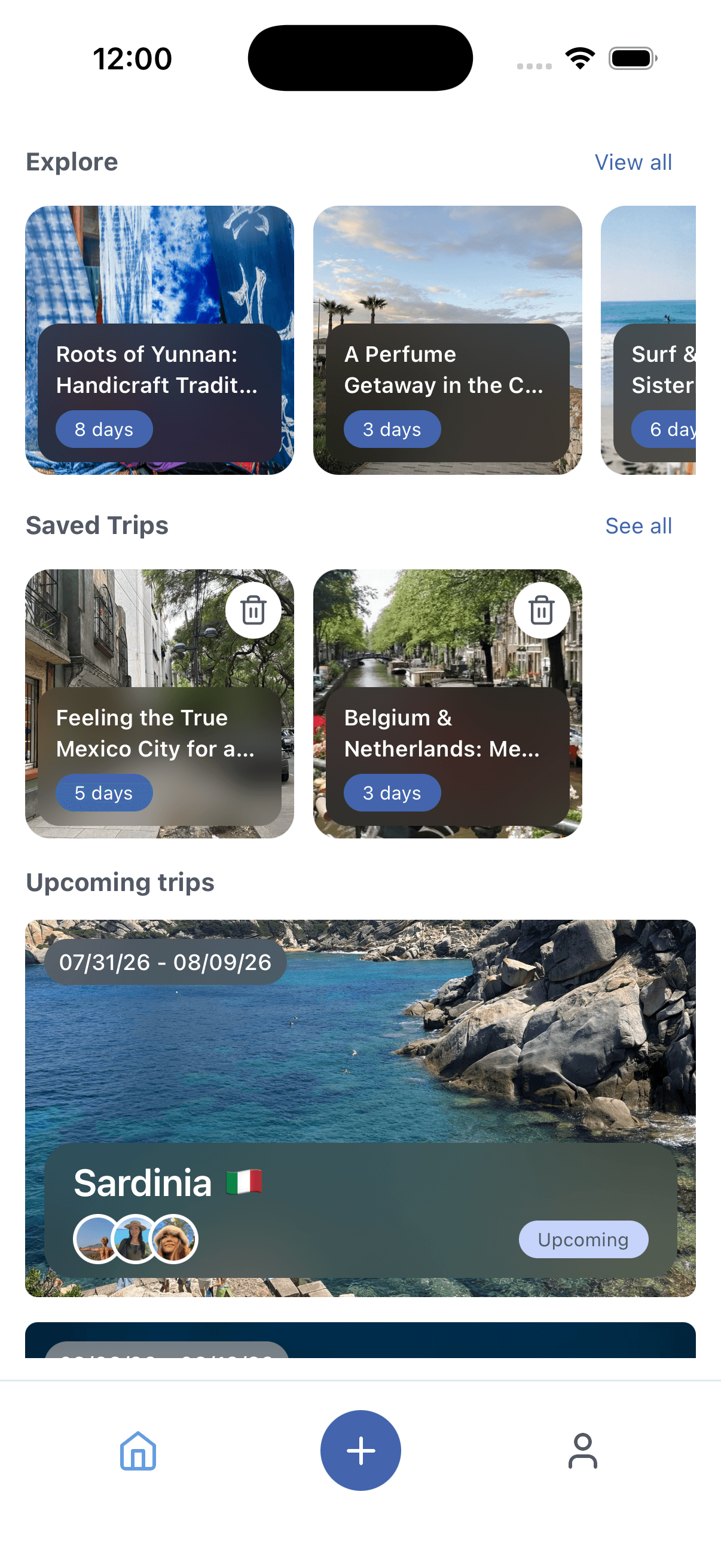 Tripals home timeline screen with saved trips and upcoming trips.