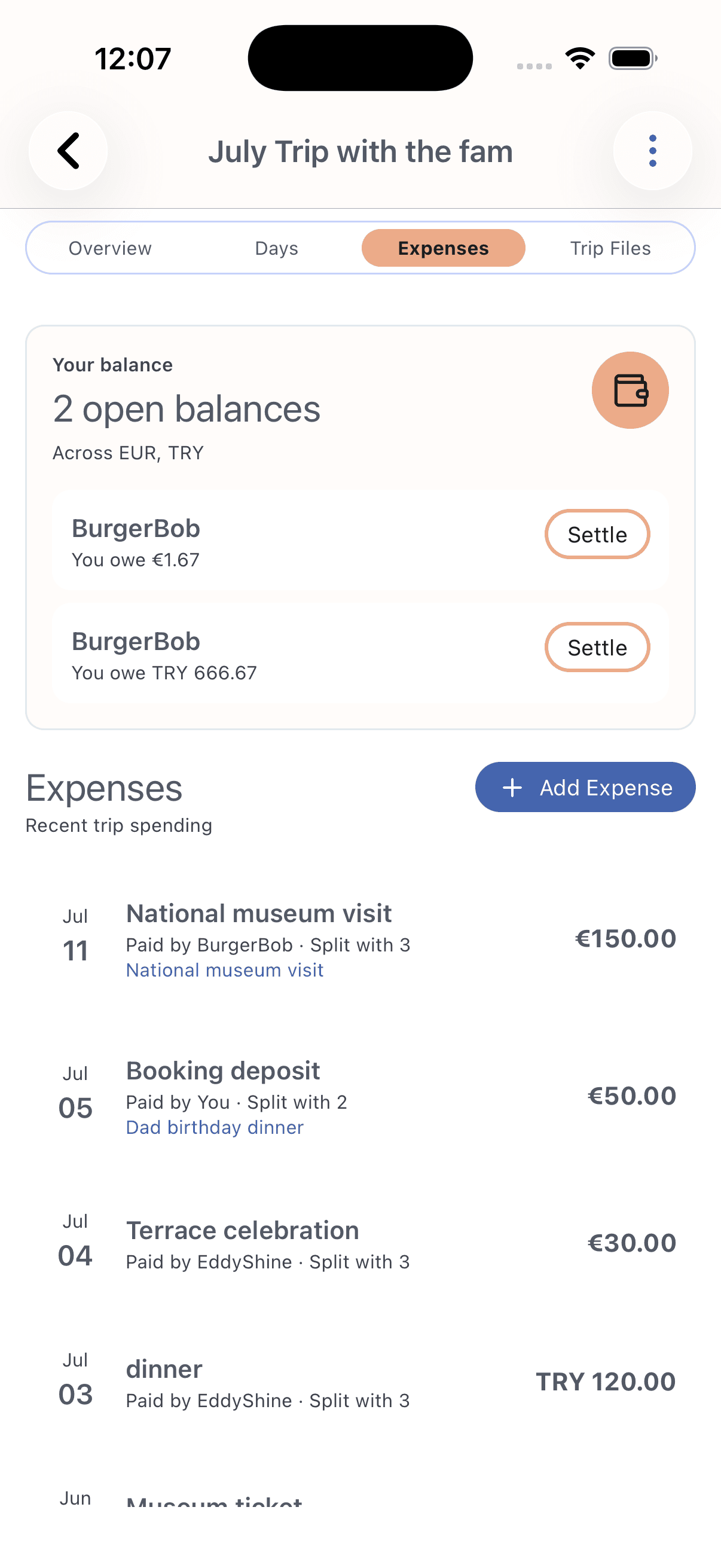 Tripals trip expenses screen showing open balances and recent spending.