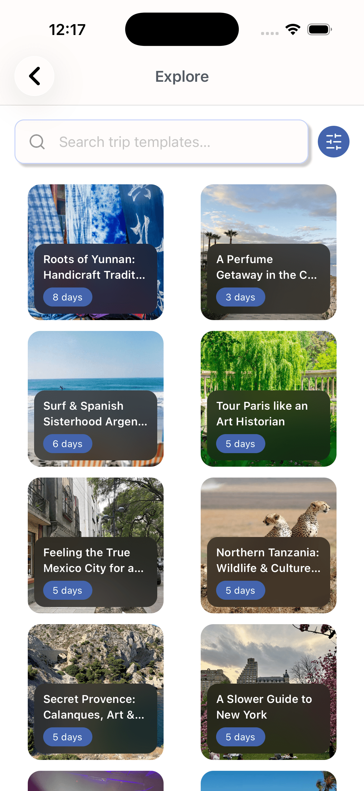 Tripals explore screen showing travel ideas and trip templates.