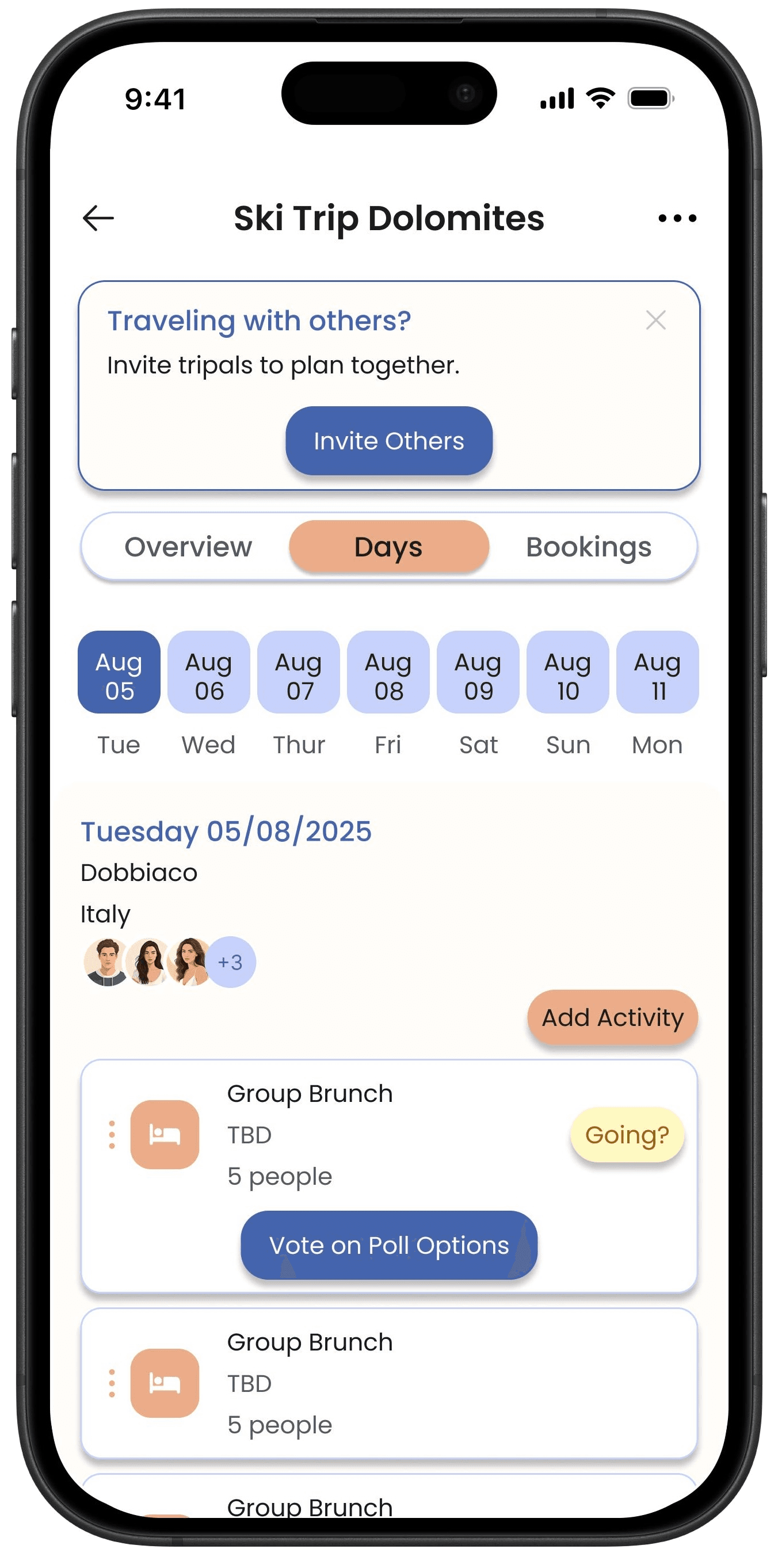 Tripals itinerary screen with invite prompt and group activity poll.