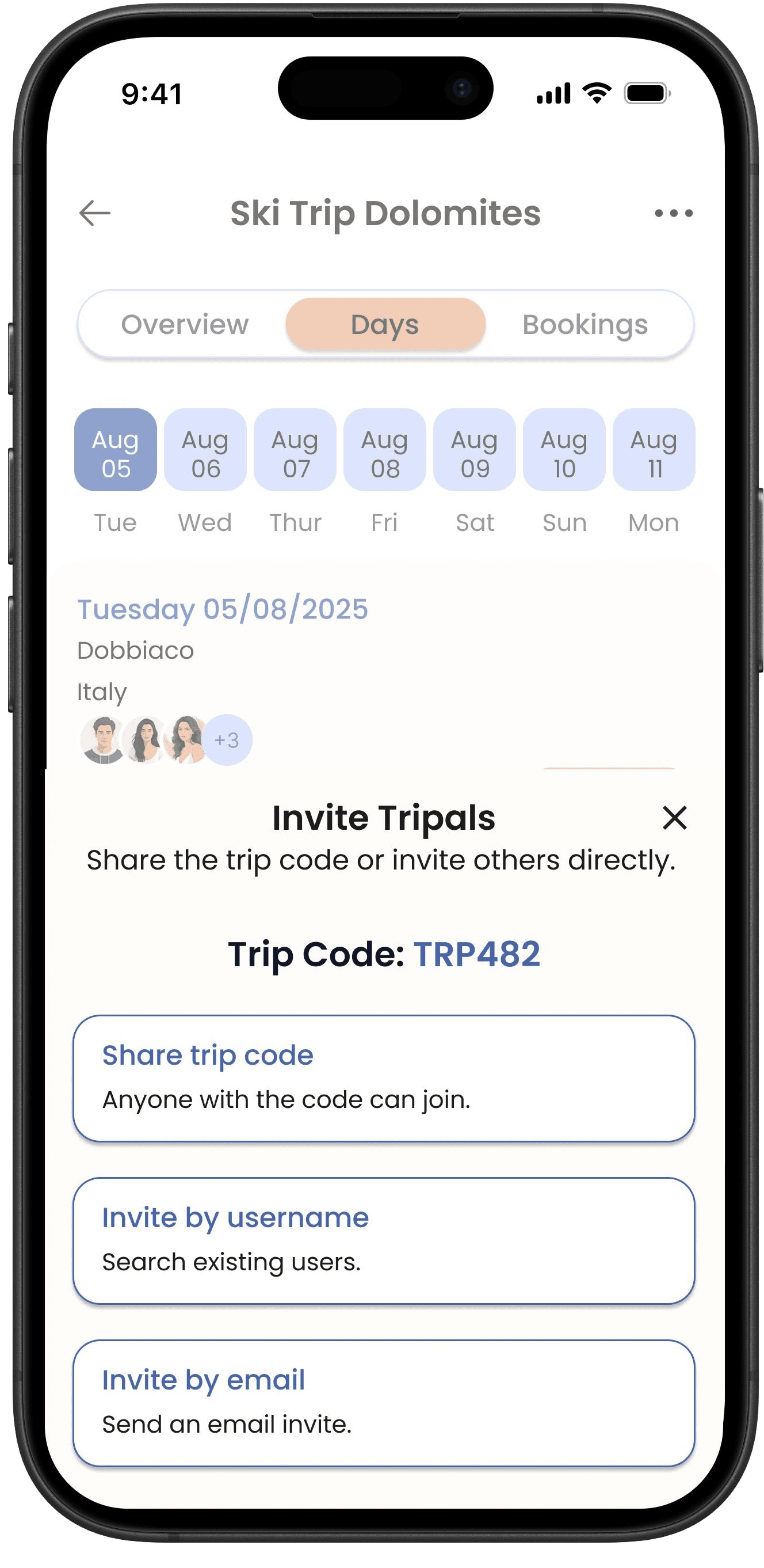 Tripals invite screen showing trip code and invite options.