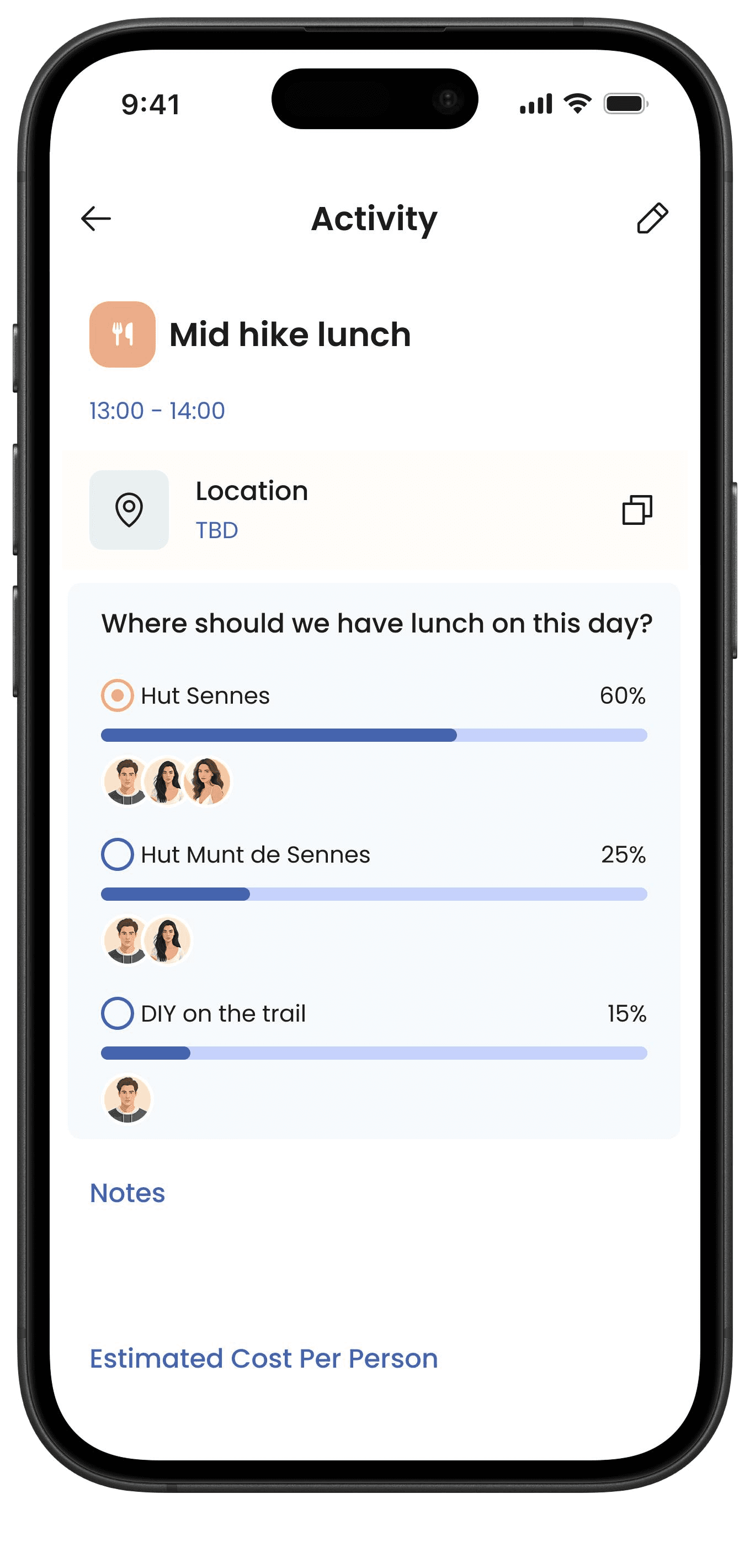 Tripals activity poll screen with group voting options.