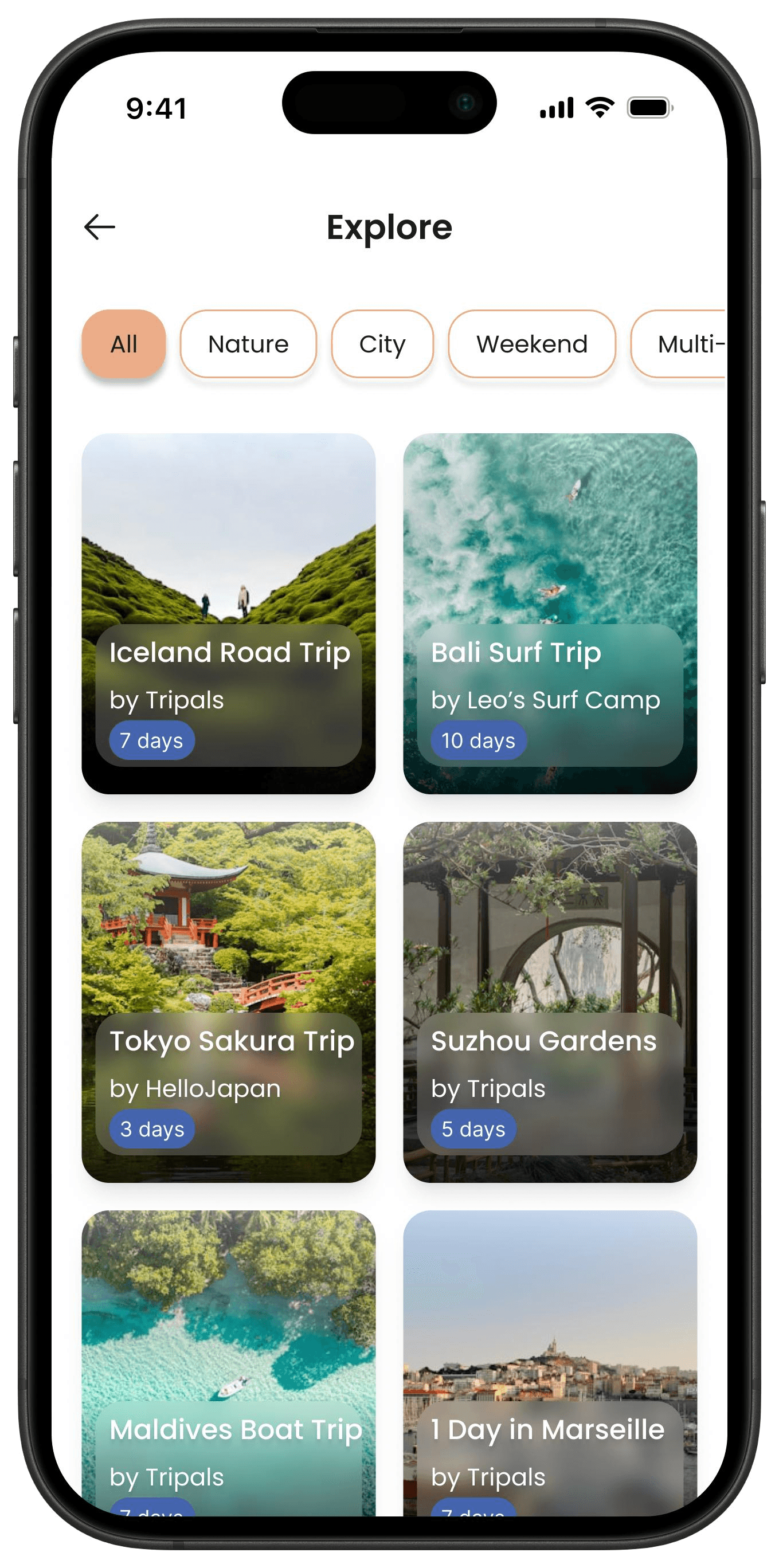 Tripals Explore screen showing curated trip cards by travel category.