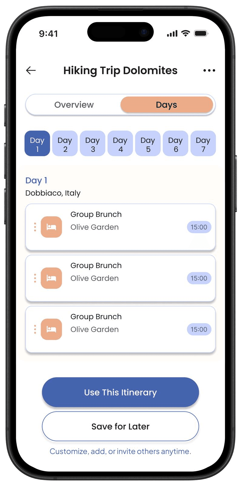 Tripals itinerary preview screen with day-by-day activity cards.