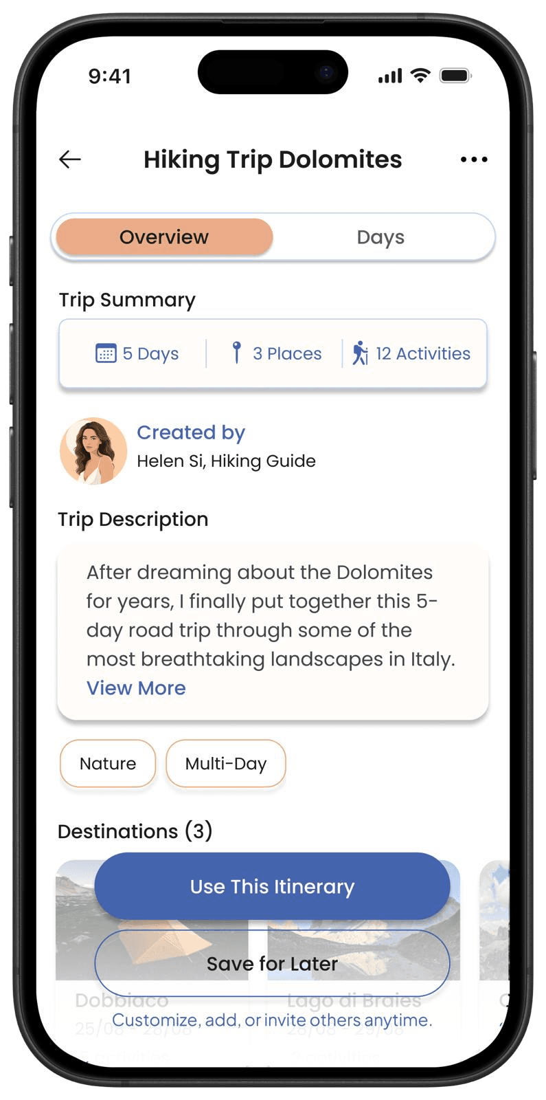 Tripals itinerary overview preview with creator, summary, and trip description.