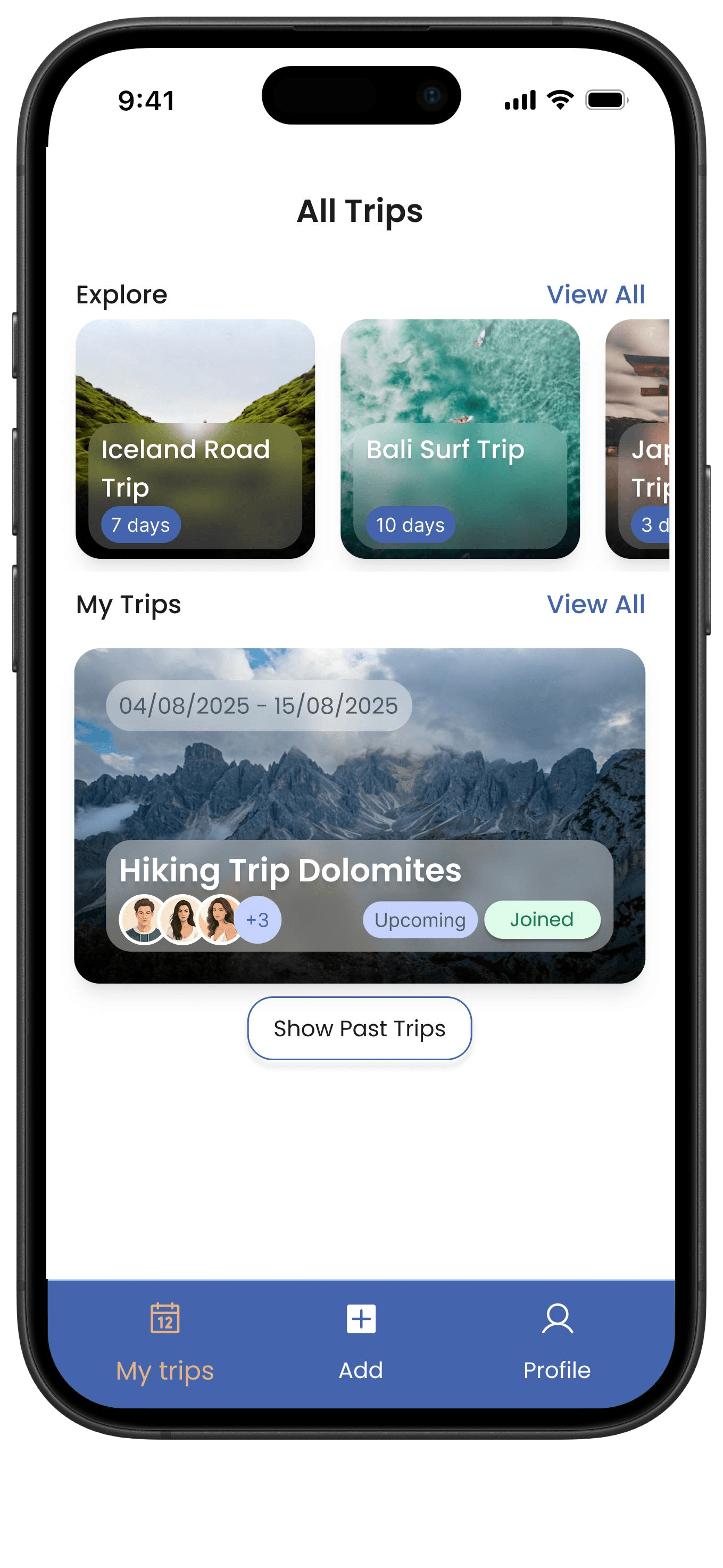 Tripals All Trips screen showing explore cards and a hiking trip card.
