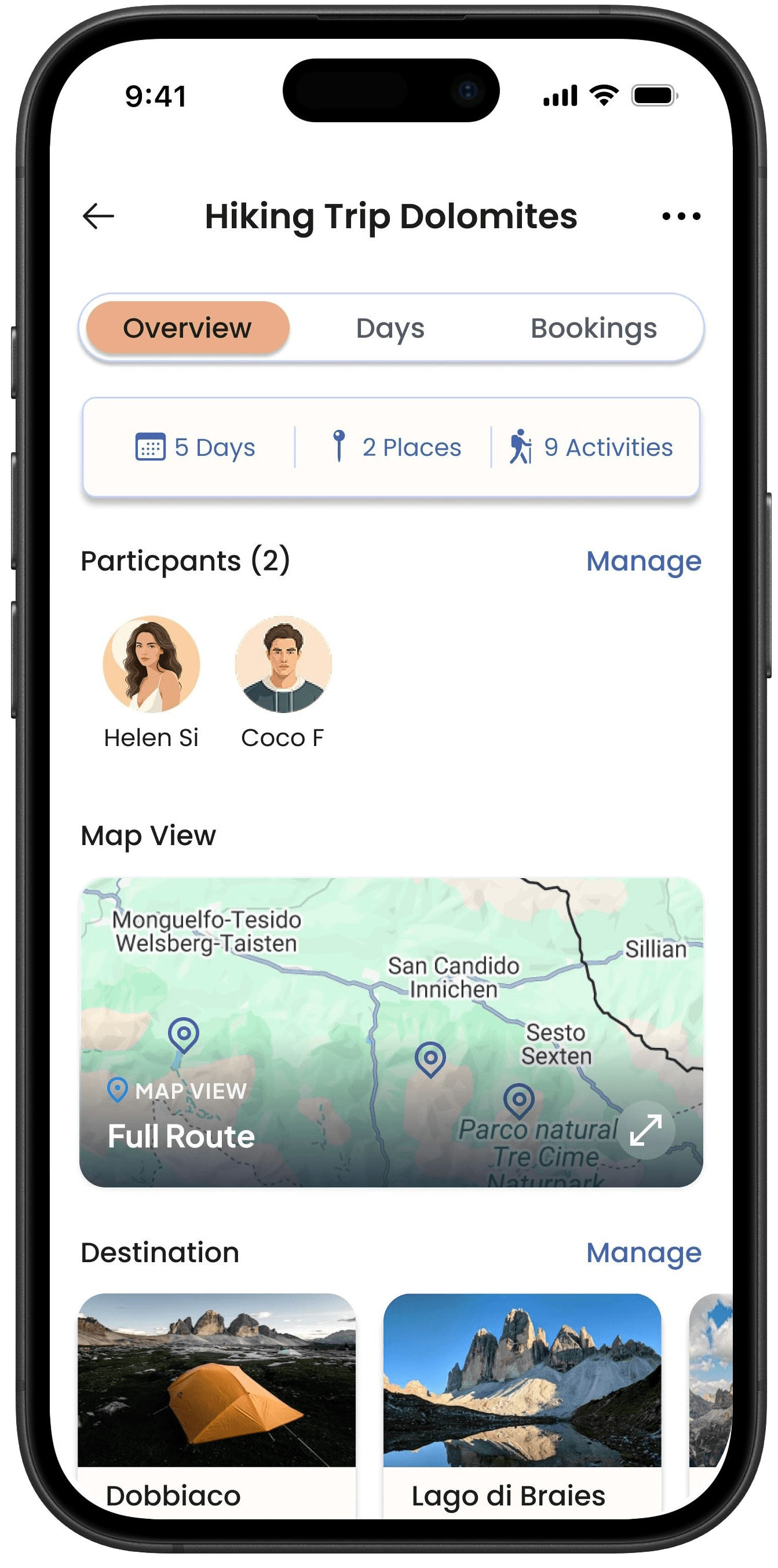 Tripals trip overview screen with participants, map view, and destinations.