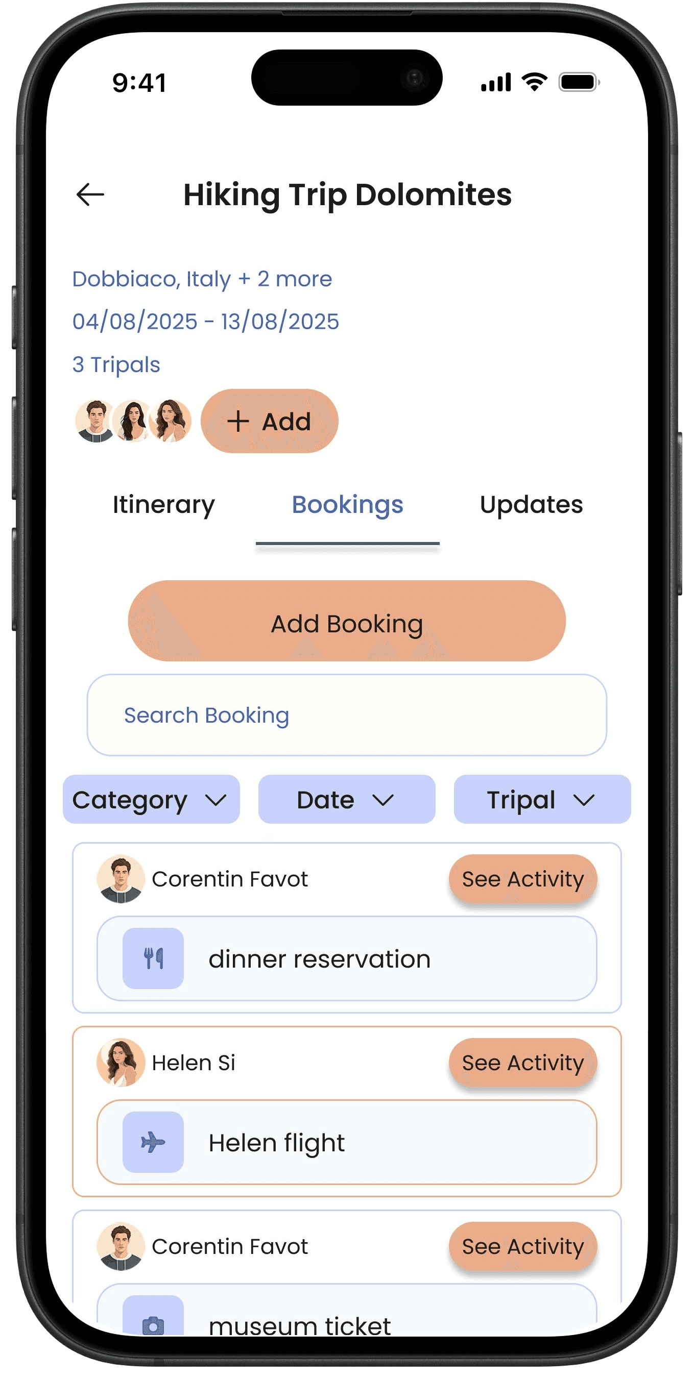 Tripals bookings screen listing trip reservations and filters.