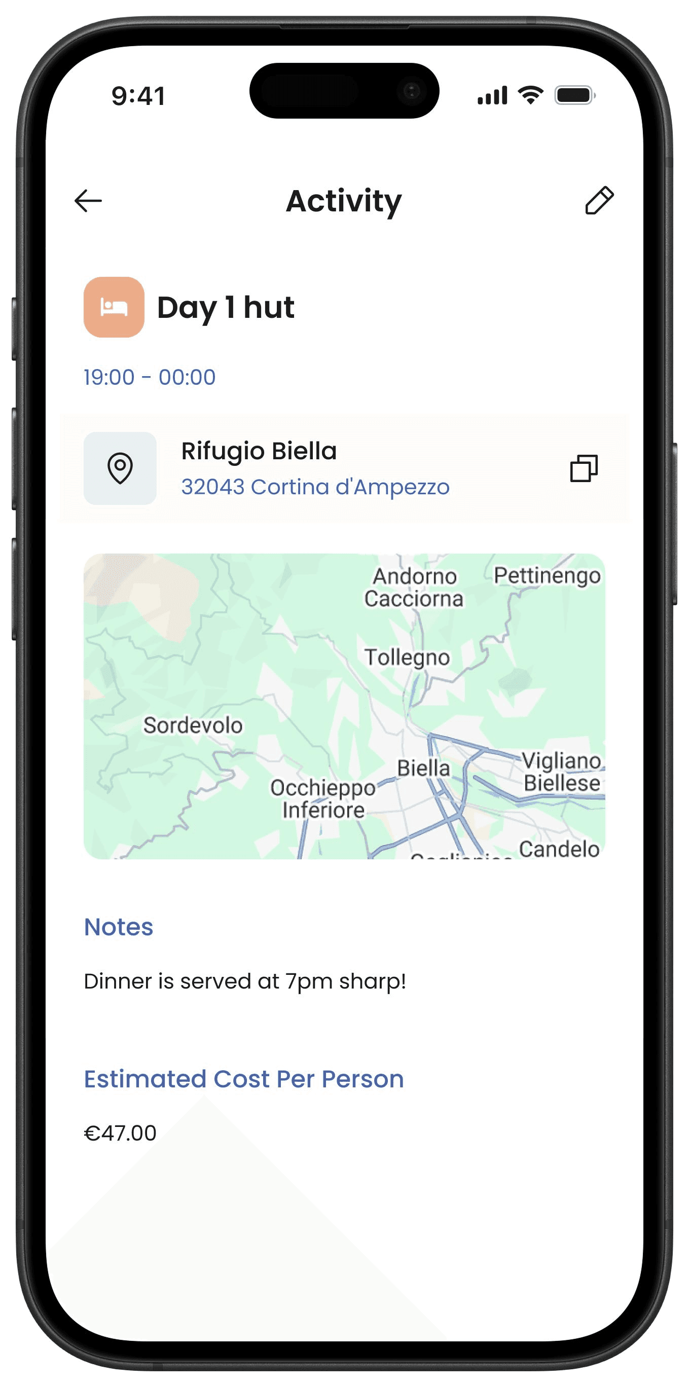 Tripals activity detail screen with location, notes, map, and cost.