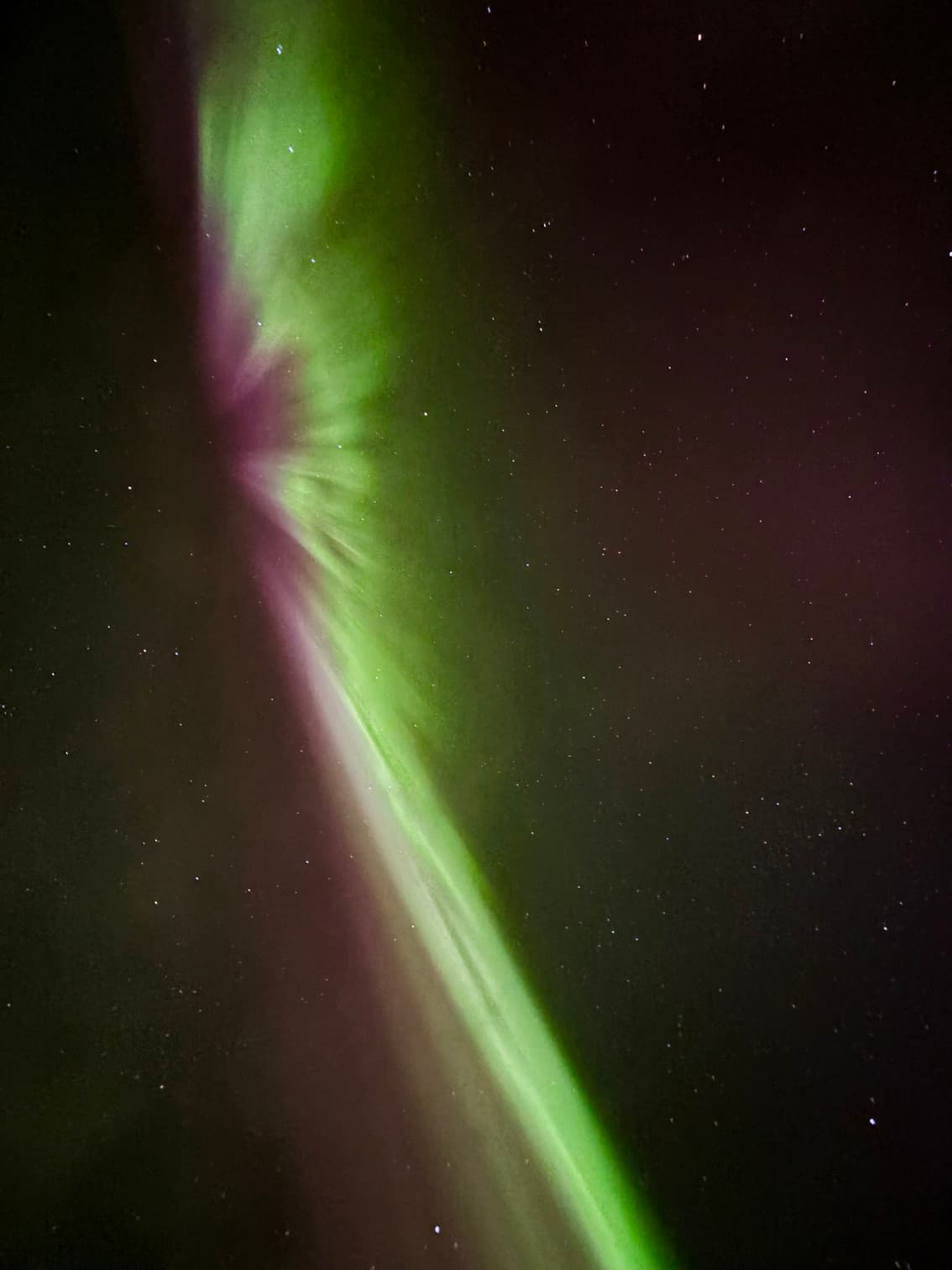 A luminous ribbon of green and pink aurora