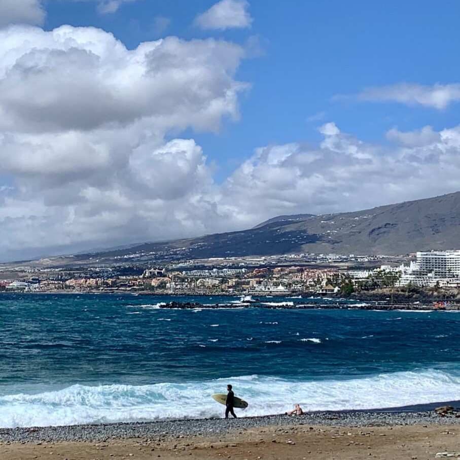 Surfers and wild coastal scenery in Tenerife