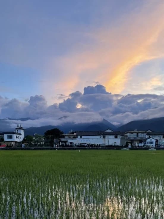 Rice fields beneath a rainbow in Yunnan — image from WanderChina